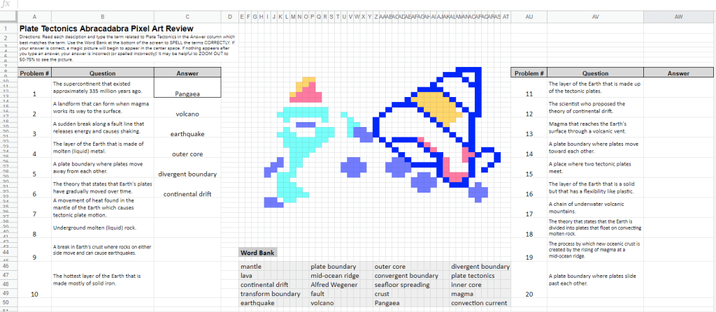plate tectonics pixel art vocabulary review rainbow snail