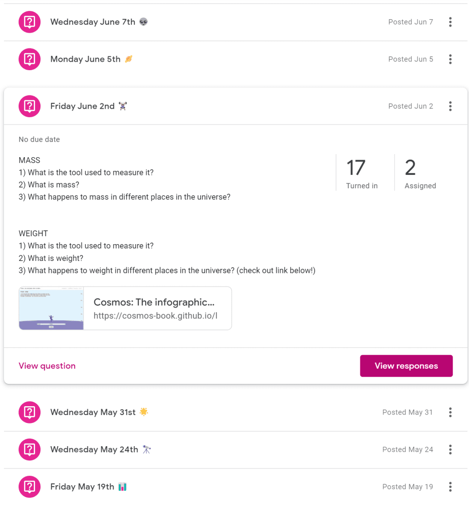 Bellwork in Google Classroom example question