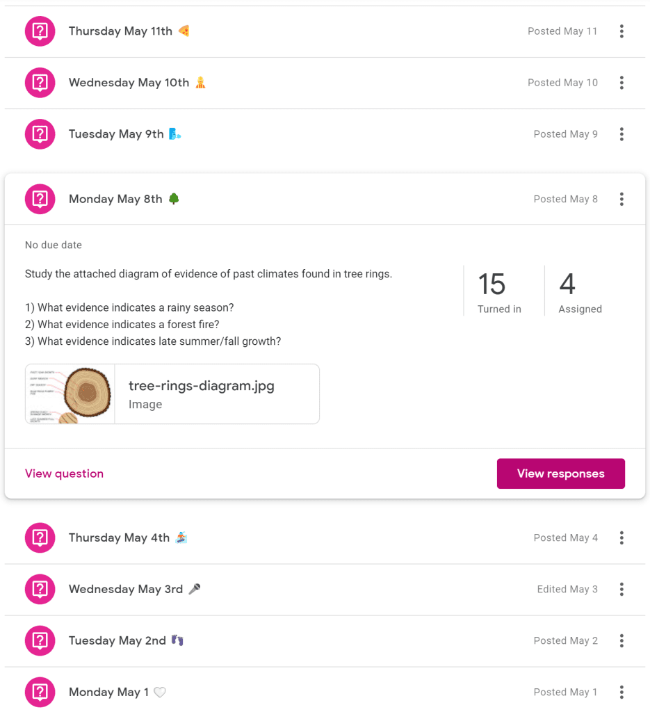 Bellwork in Google Classroom example question